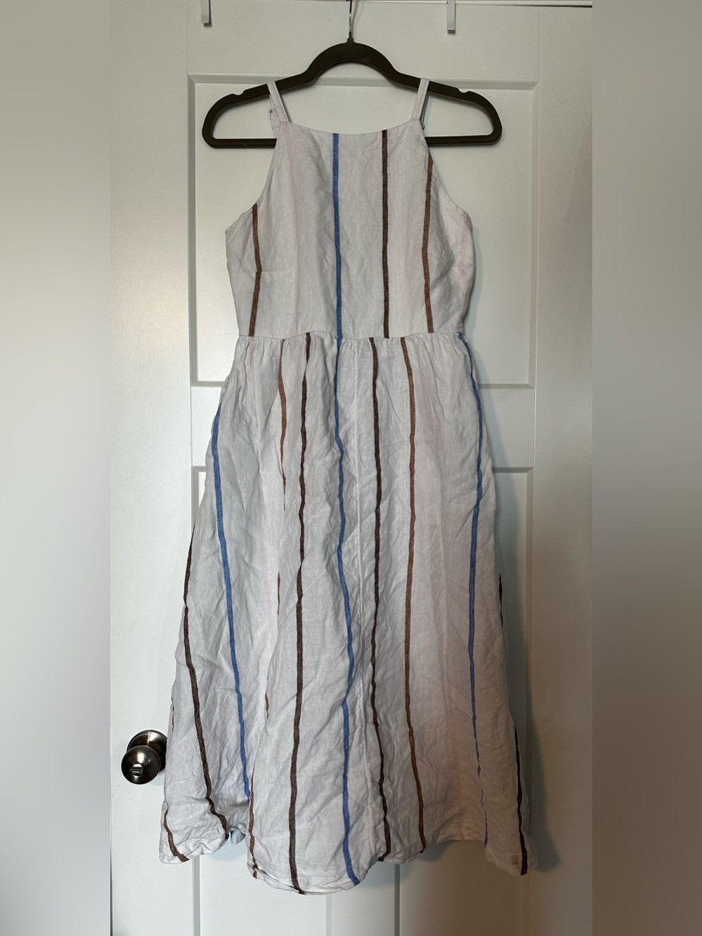 Lands' End White Linen Dress with Pink, Blue, and Brown Stripes